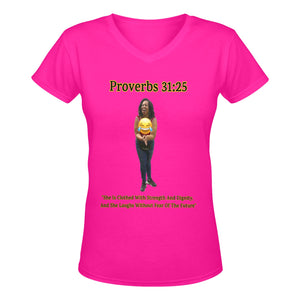 Custom V-Women's T-Shirt Proverbs 31:25 She Is Clothed With Strength & Dignity