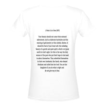 Load image into Gallery viewer, Custom V-Women&#39;s T-Shirt 1 Peter 3:3-6 Gentle &amp; Quiet Spirit