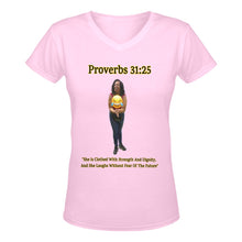 Load image into Gallery viewer, Custom V-Women&#39;s T-Shirt Proverbs 31:25 She Is Clothed With Strength &amp; Dignity