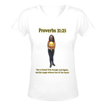 Load image into Gallery viewer, Custom V-Women&#39;s T-Shirt Proverbs 31:25 She Is Clothed With Strength &amp; Dignity