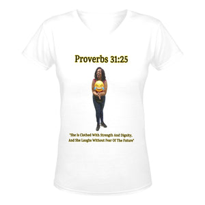 Custom V-Women's T-Shirt Proverbs 31:25 She Is Clothed With Strength & Dignity