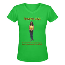 Load image into Gallery viewer, Custom V-Women&#39;s T-Shirt Proverbs 31:25 She Is Clothed With Strength &amp; Dignity