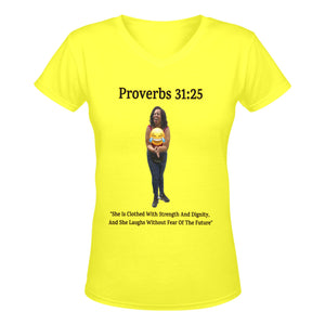 Custom V-Women's T-Shirt Proverbs 31:25 She Is Clothed With Strength & Dignity