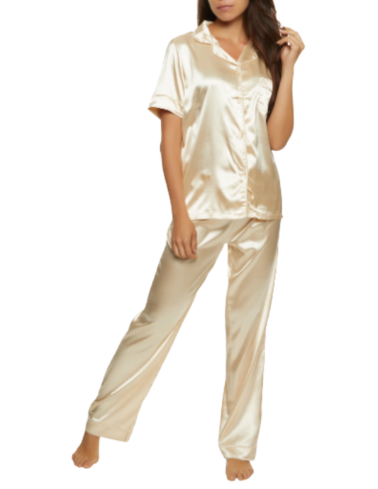 Satin Notch Collar Short Sleeve Pajama Shirt and Pants