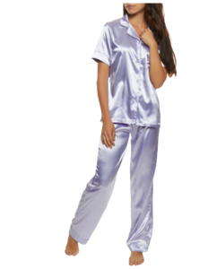 Satin Notch Collar Short Sleeve Pajama Shirt and Pants